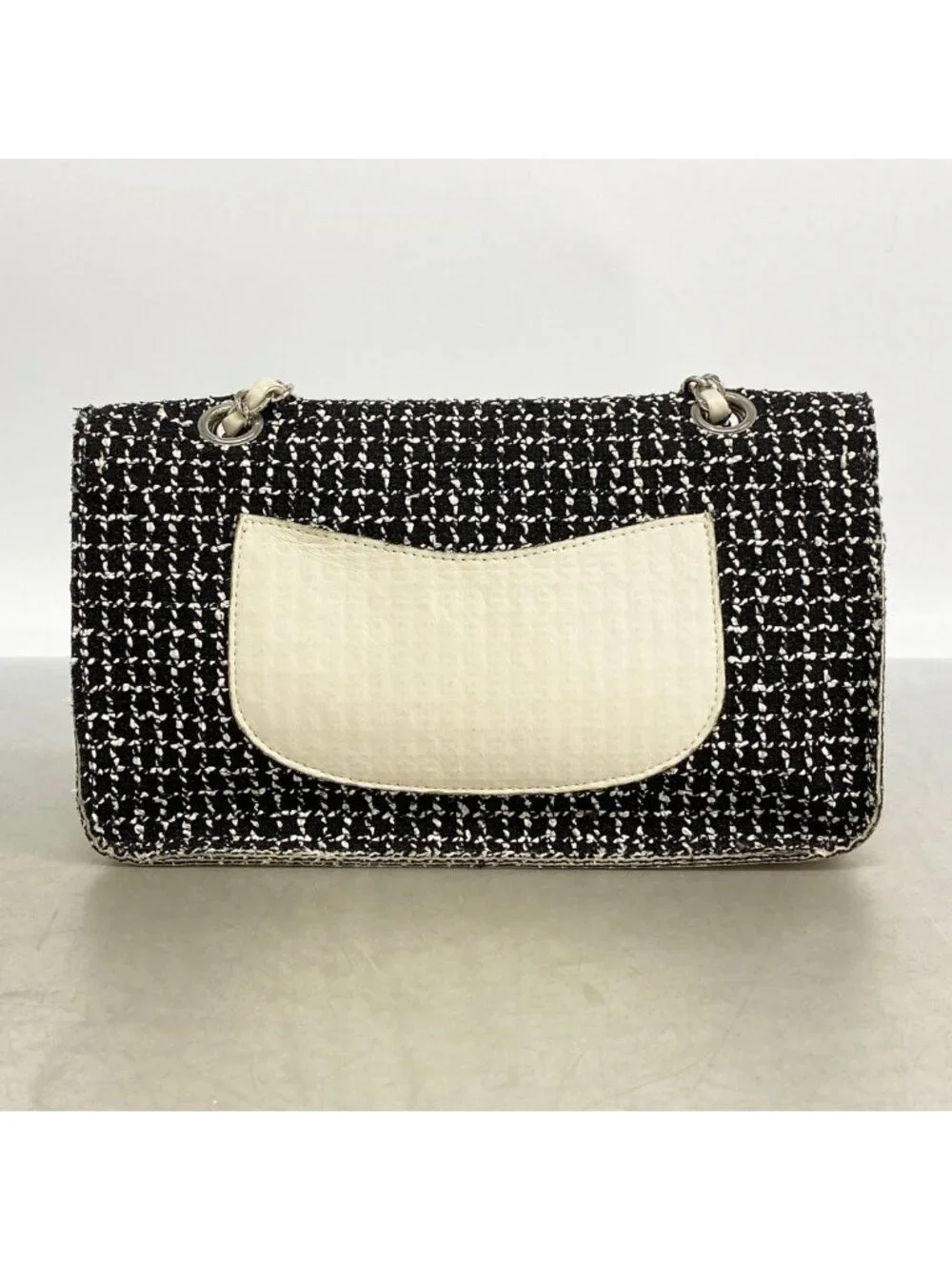 Chanel Shoulder Bag Tweed Black Ivory Silver
